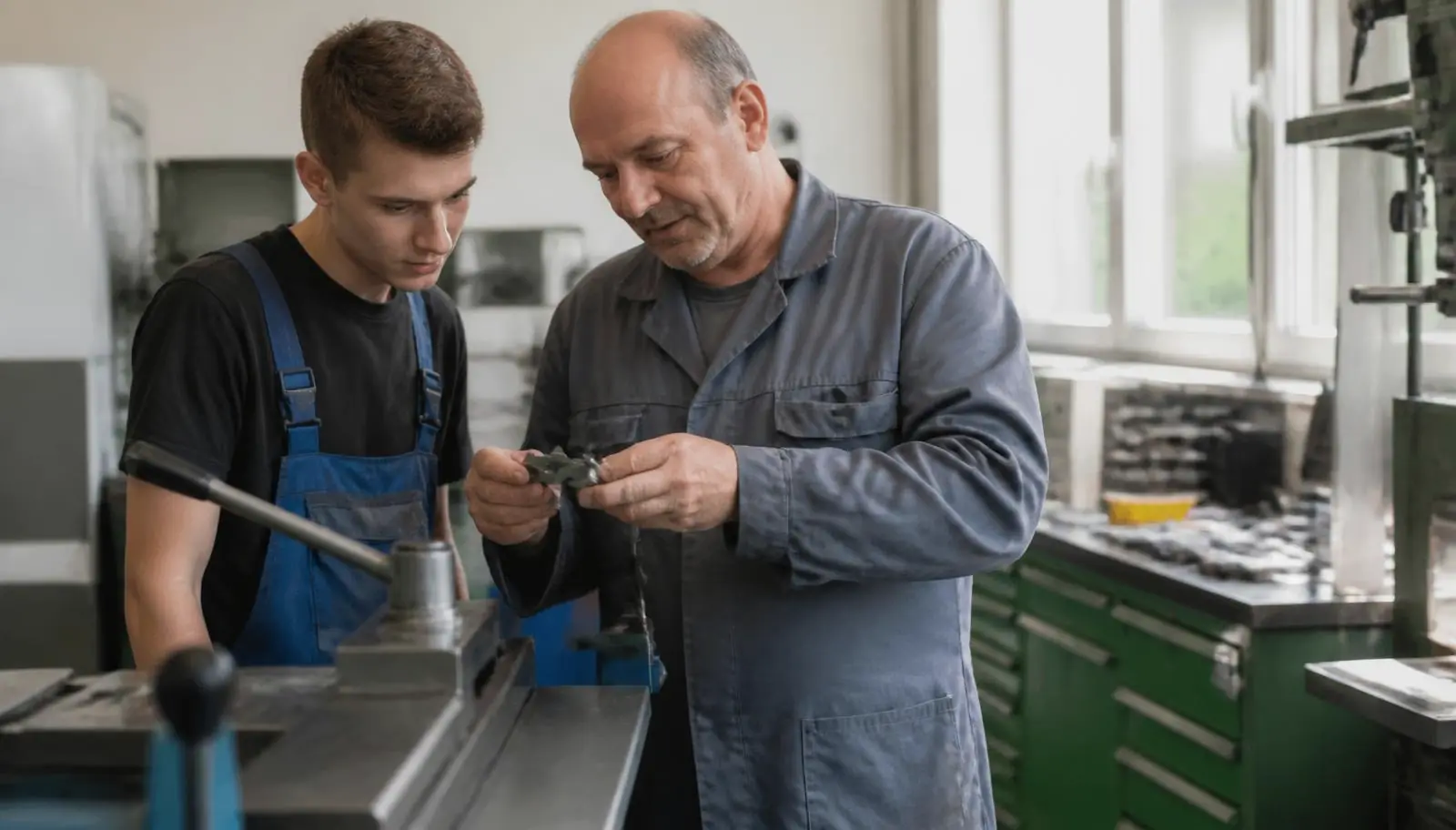 Meister erklärt einem Auszubildenden in Latzhose ein Werkstück in der Werkstatt