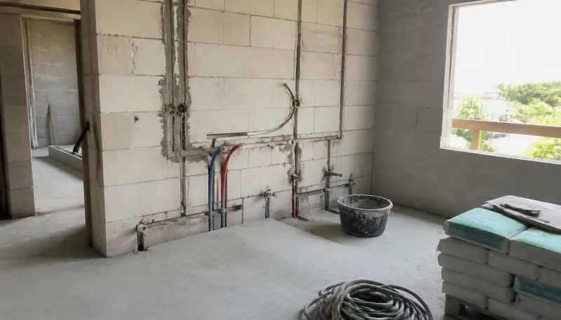 Rohbau mit vorbereiteten Wasser- und Elektroleitungen in der Wand