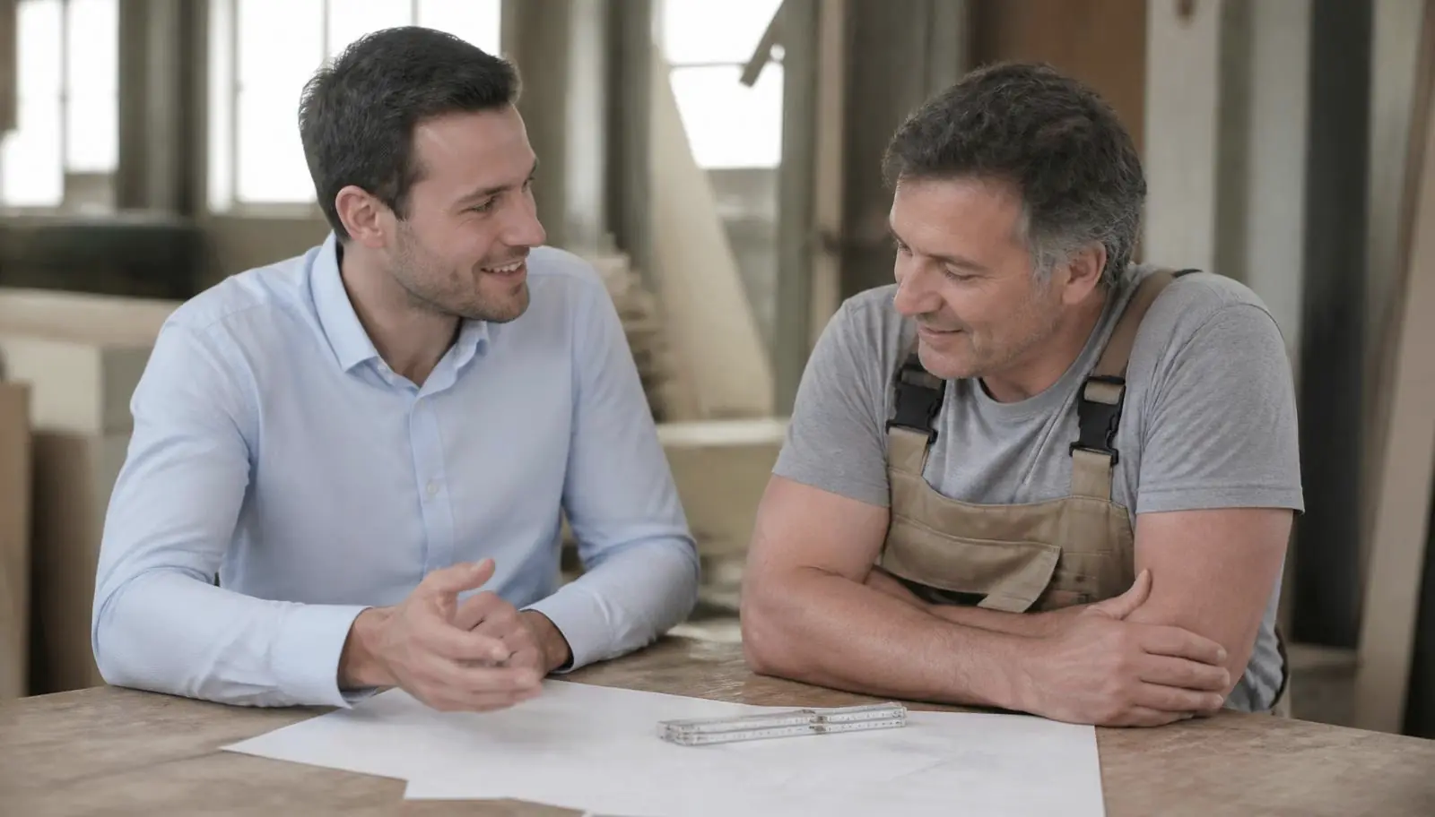 Berater und Handwerksmeister im Gespräch an einem Tisch in der Werkstatt