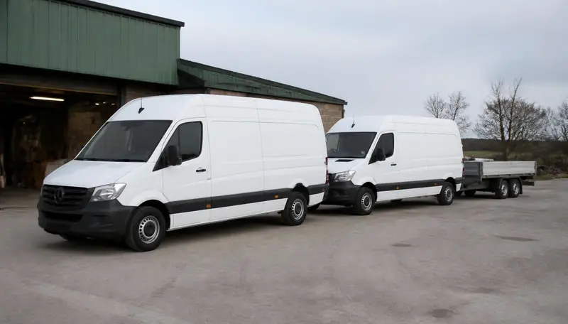 Zwei Transporter und ein Anhänger auf dem Hof eines Handwerksbetriebs