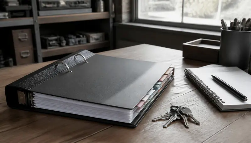 Ordner mit Registern, Schlüssel und Notizbuch auf einem Schreibtisch