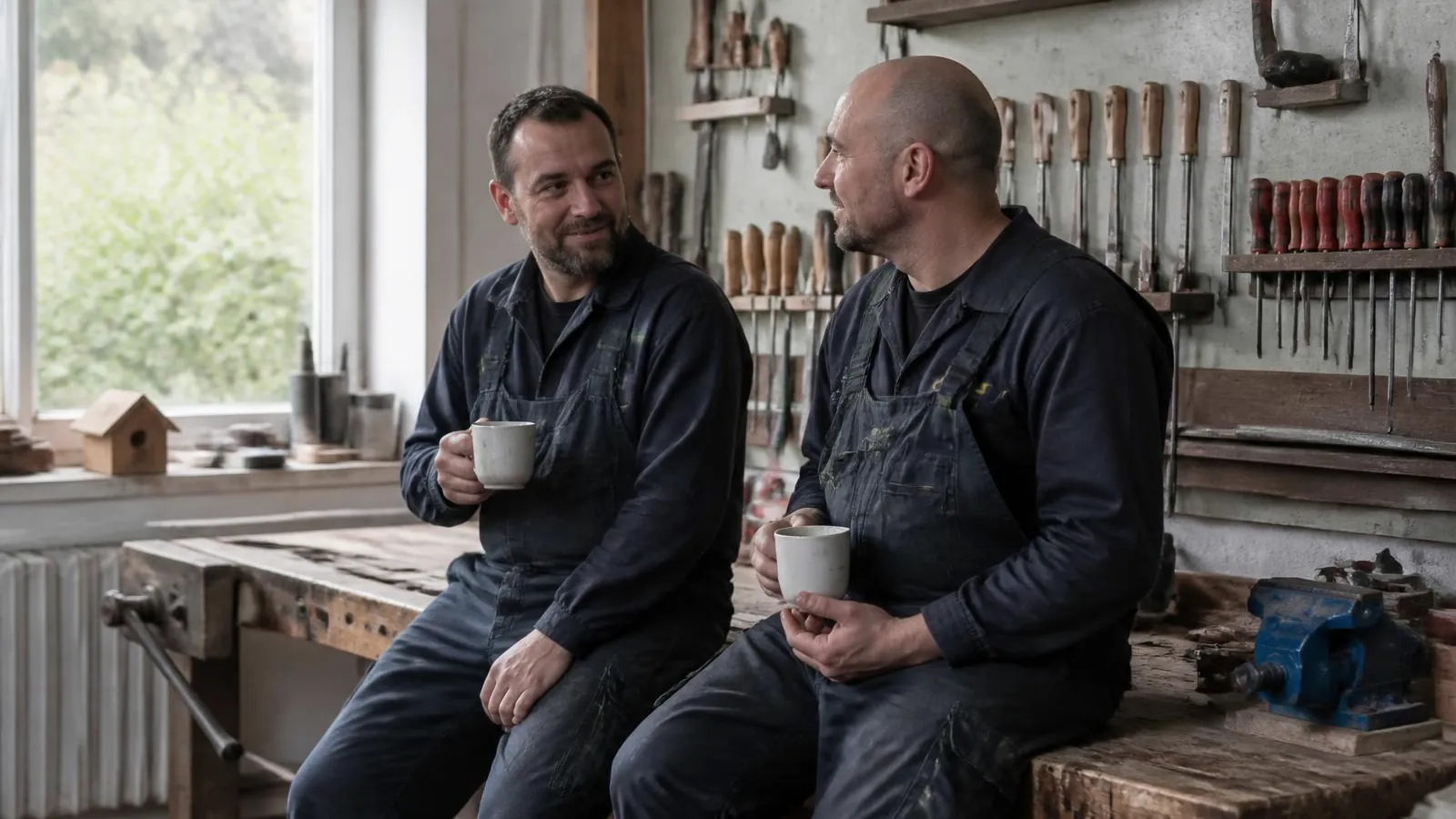 Zwei Handwerker in Arbeitslatzhosen machen Kaffeepause in der Werkstatt