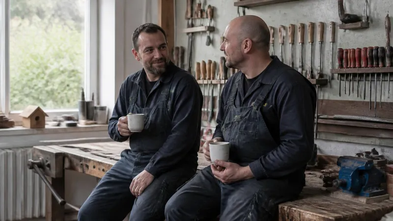Zwei Handwerker in Arbeitslatzhosen machen Kaffeepause in der Werkstatt