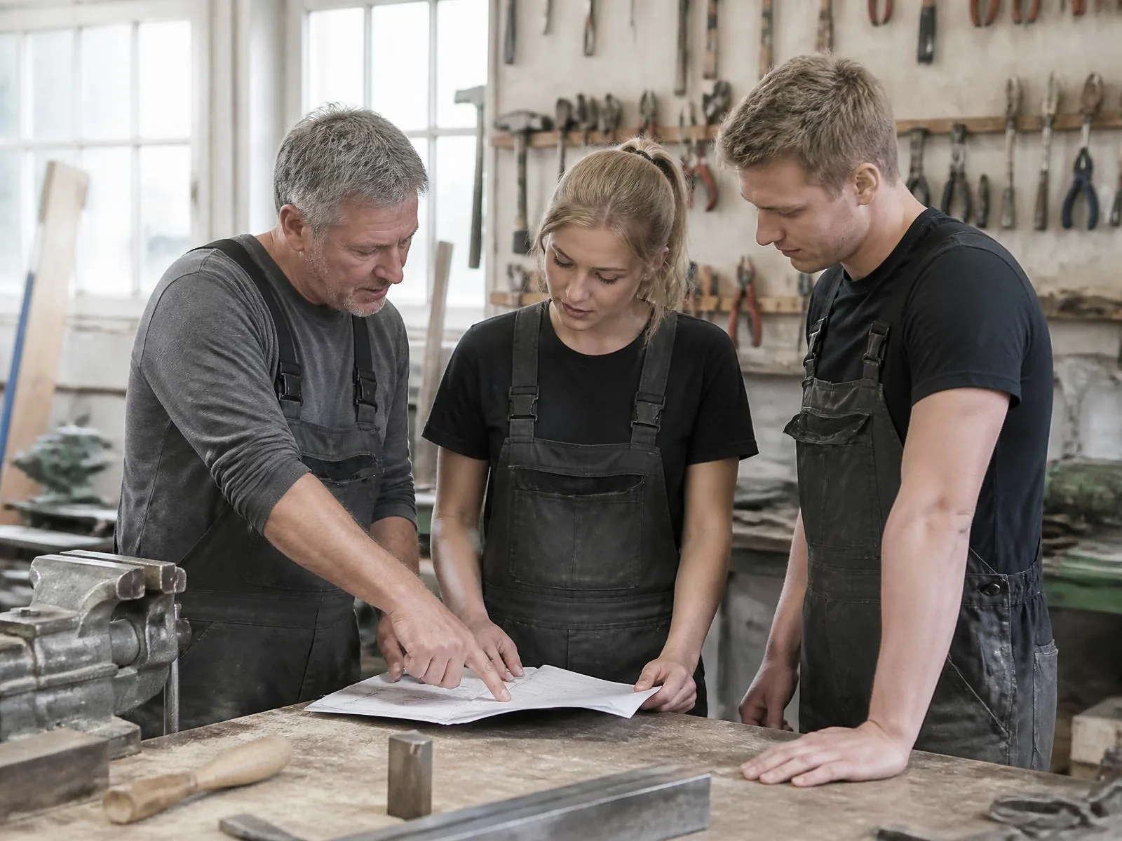 Drei Handwerker besprechen an der Werkbank eine Zeichnung