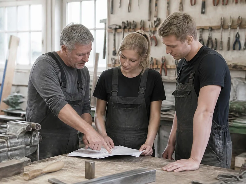 Drei Handwerker besprechen an der Werkbank eine Zeichnung
