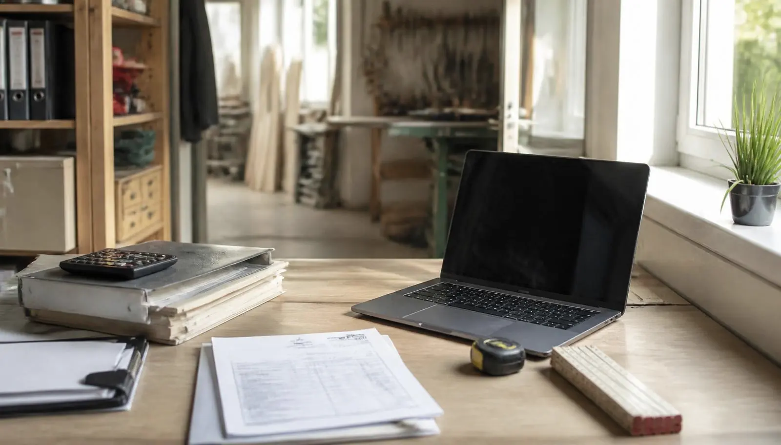 Schreibtisch im Werkstattbüro mit Ordnern, Angeboten, Taschenrechner und Zollstock